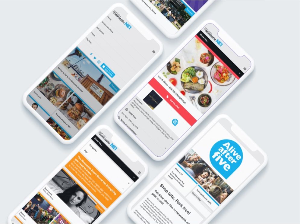 Mock ups of the get in to newcastle website on an phone